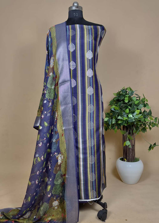 Blue  Maheshwari Silk Suit With Pichwai Dupatta