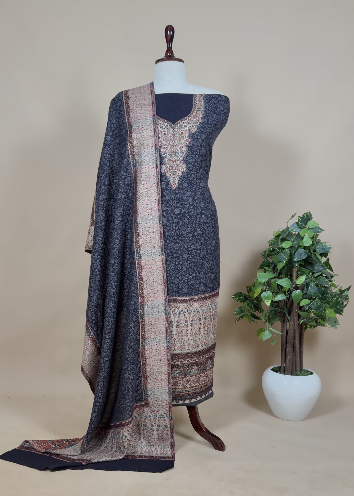 Black Pashmina Unstitched Suit With Kani Weaving