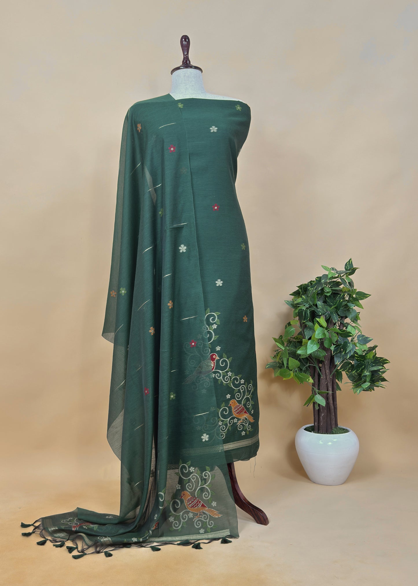 Brown Linen Chanderi Unstitched Suit With Jamdani Weaving