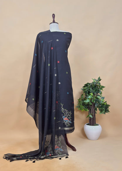 Black Linen Chanderi Unstitched Suit With Jamdani Weaving