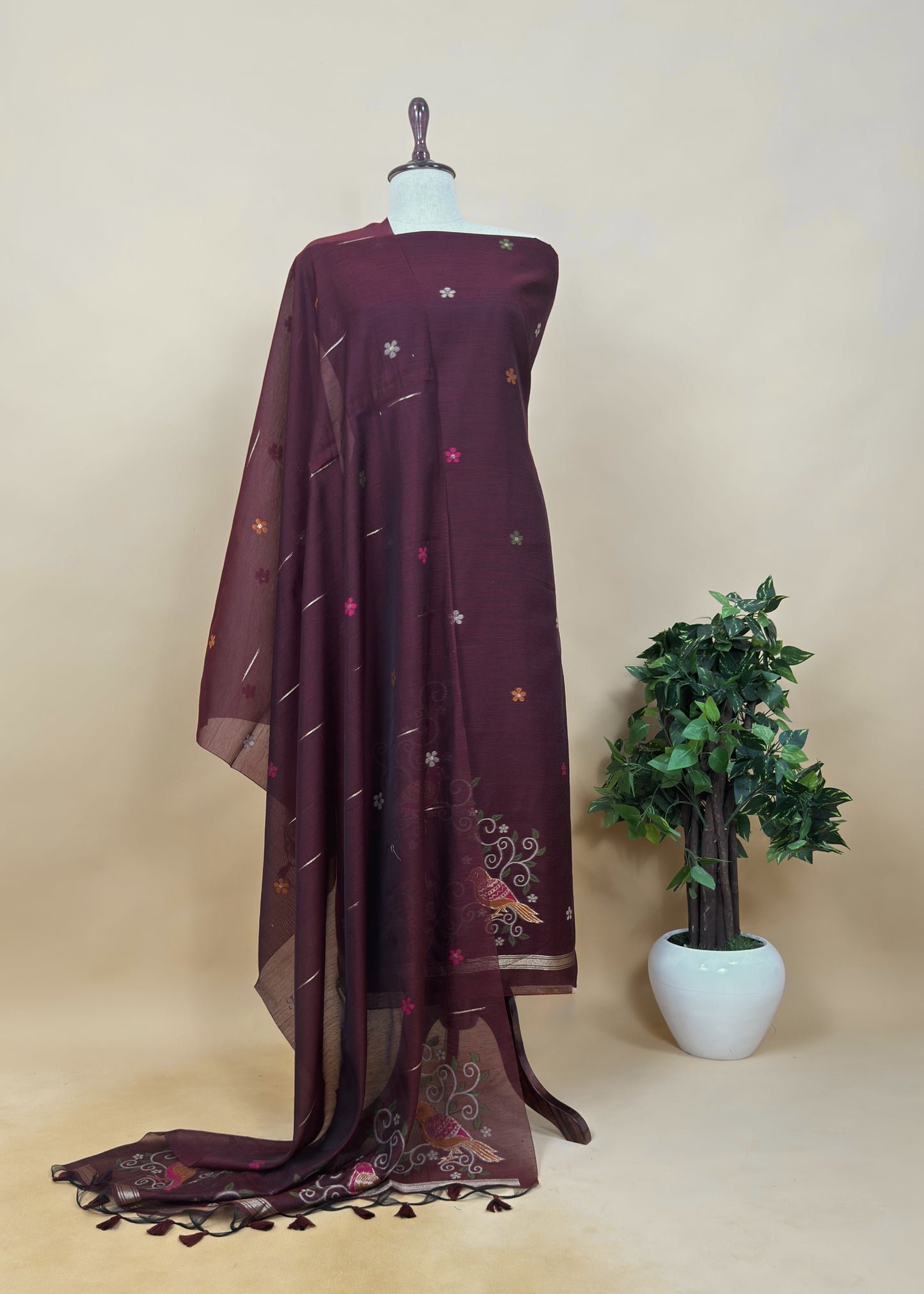 Brown Linen Chanderi Unstitched Suit With Jamdani Weaving