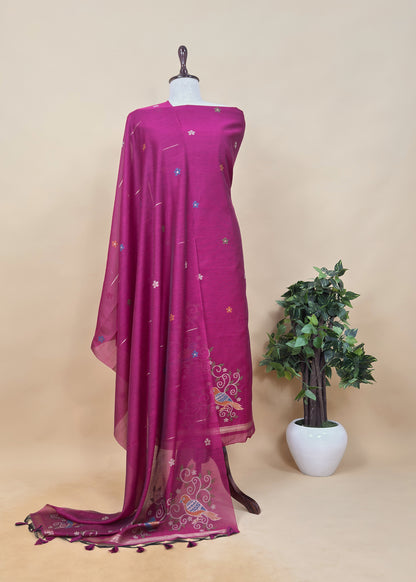 Black Linen Chanderi Unstitched Suit With Jamdani Weaving
