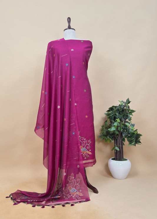 Wine Linen Chanderi Unstitched Suit With Jamdani Weaving