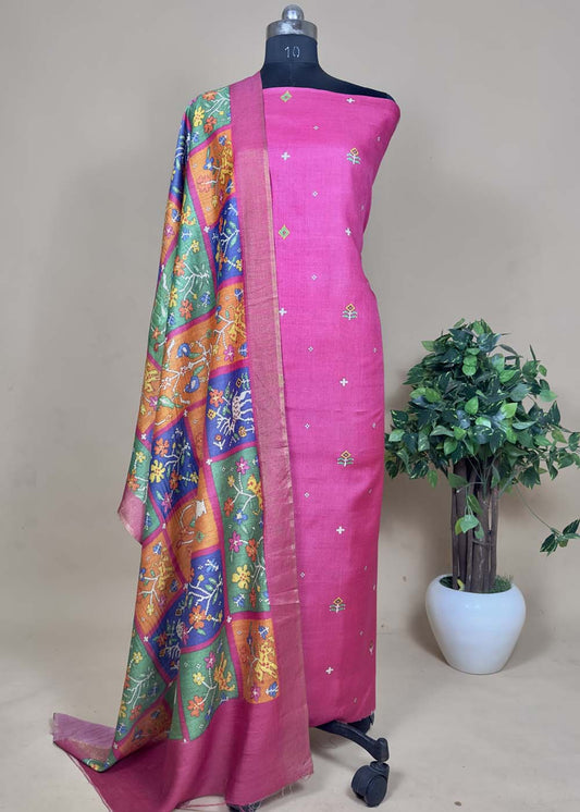 Pink Pure Handloom Tussar Silk Suits Set