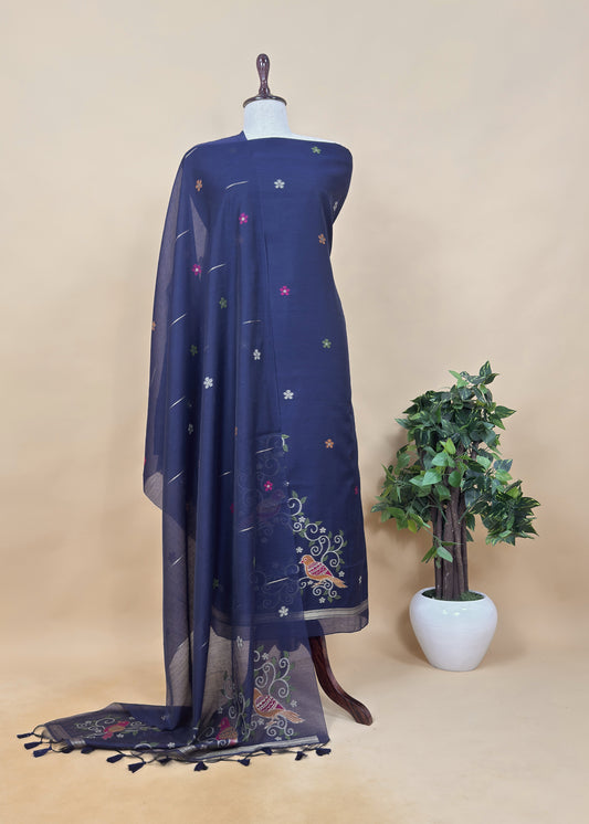 Blue Linen Chanderi Unstitched Suit With Jamdani Weaving