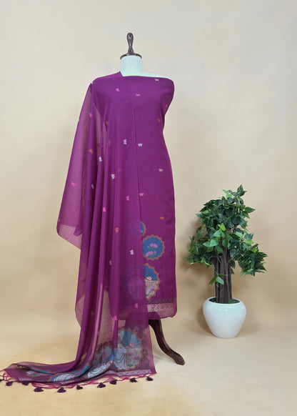 Blue Linen Chanderi Unstitched Suit With Pichwai Jamdani Weaving