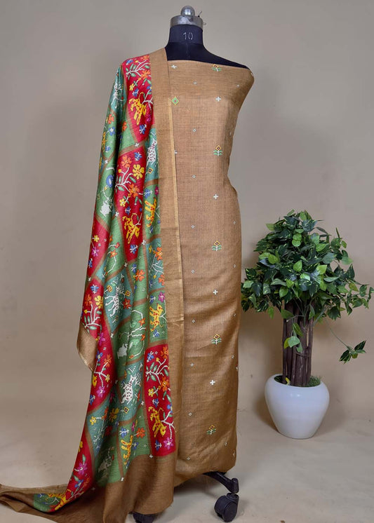 Brown Pure Handloom Tussar Silk Suits Set