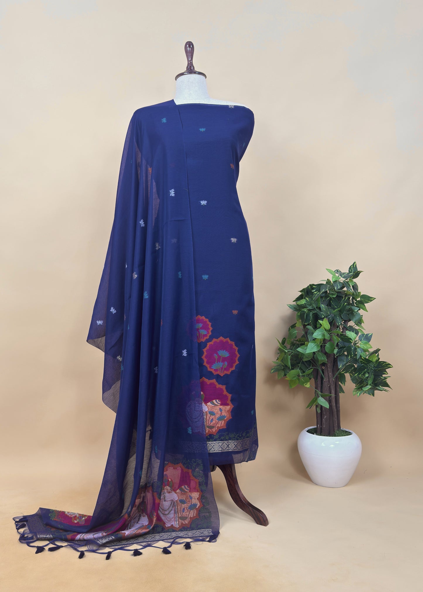 Black Linen Chanderi Unstitched Suit With Pichwai Jamdani Weaving
