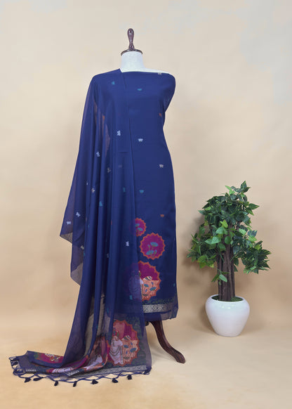 Blue Linen Chanderi Unstitched Suit With Pichwai Jamdani Weaving