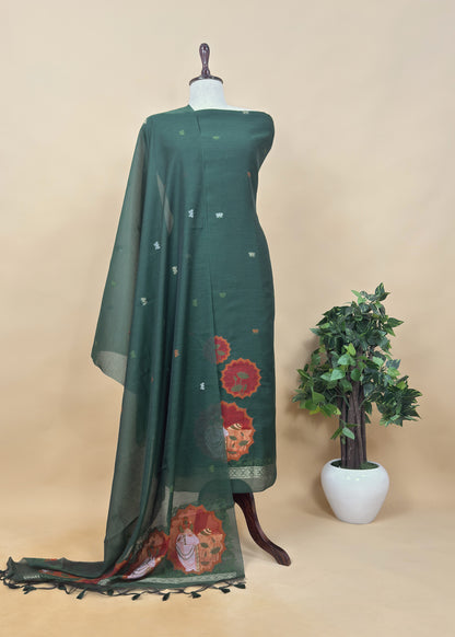 Blue Linen Chanderi Unstitched Suit With Pichwai Jamdani Weaving