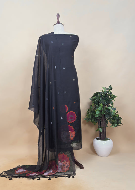 Black Linen Chanderi Unstitched Suit With Pichwai Jamdani Weaving