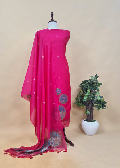 Blue Linen Chanderi Unstitched Suit With Pichwai Jamdani Weaving