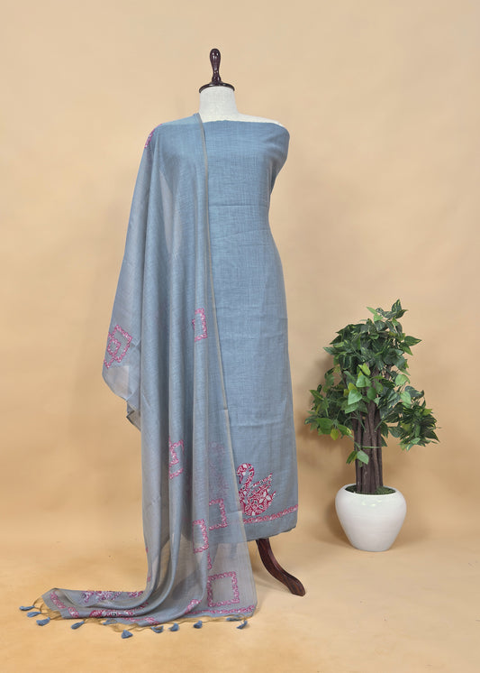 Blue Linen Chanderi Suit Fabric With Traditional Jamdani Weaving