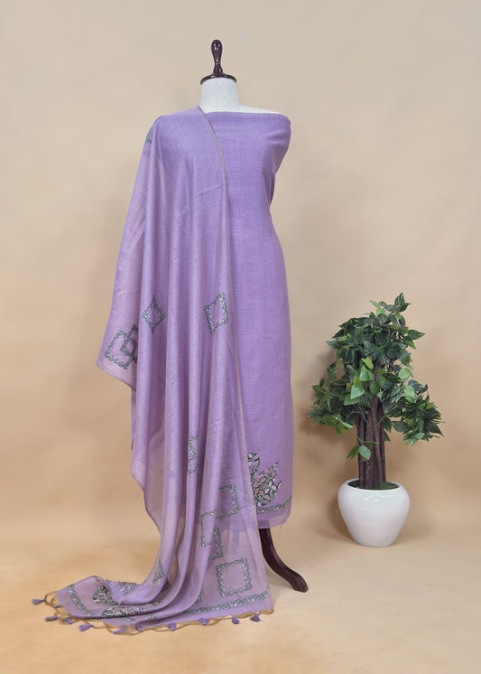 Purple Linen Chanderi Suit Fabric With Traditional Jamdani Weaving