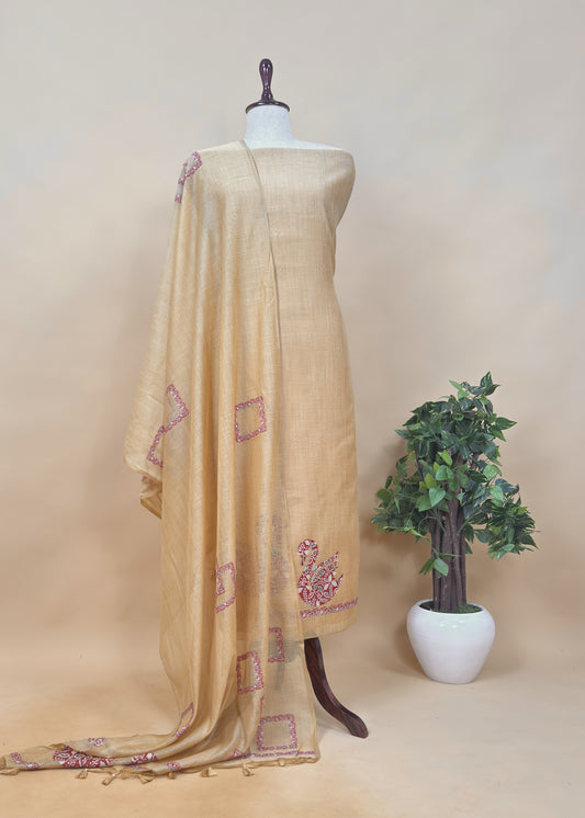 Yellow Linen Chanderi Suit Fabric With Traditional Jamdani Weaving