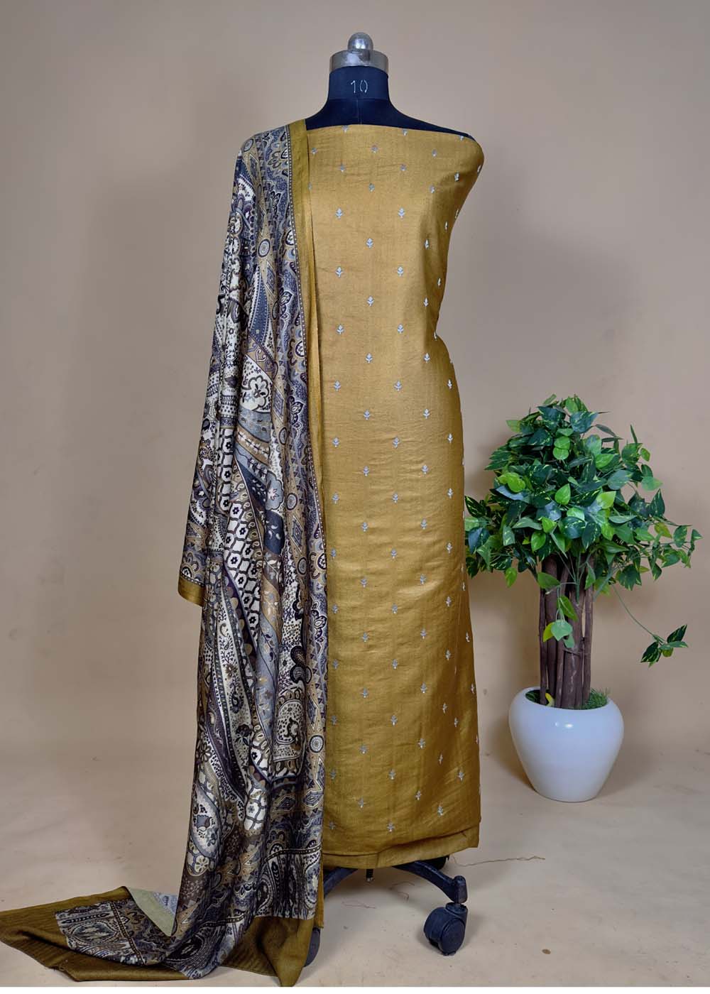 Yellowish Brown Pashmina Suit With Ajrakh dupatta