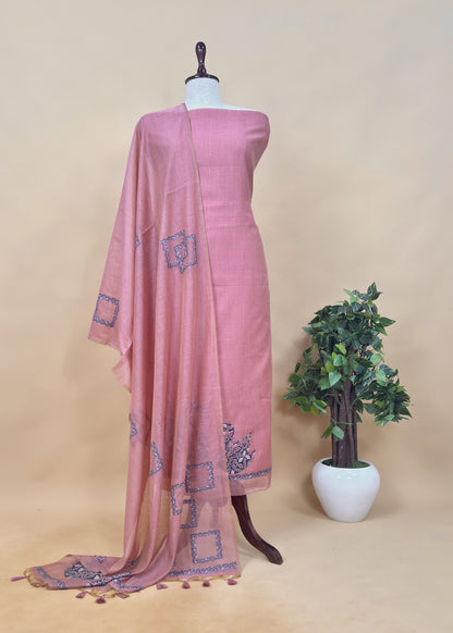 Pink Linen Chanderi Suit Fabric With Traditional Jamdani Weaving