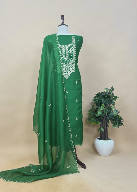 Zoya green Handloom Kora Silk Suit Fabric with Pitta Handwork