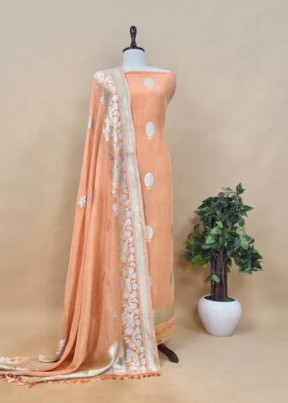 Light Orange Handloom Linen Silk With Kadwa Weaves