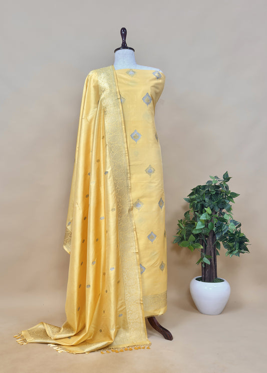 Yellow Luxurious Handloom Katan Silk Suit Set with Roopa-Sona Kadwa Weaves