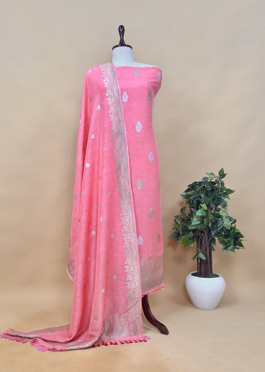 Pink Handloom Linen Silk With Kadwa Weaves