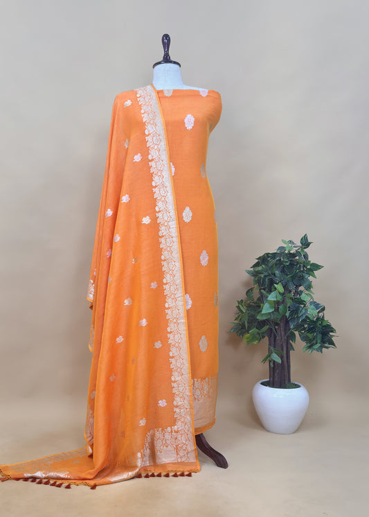 Orange Handloom Linen Silk With Kadwa Weaves