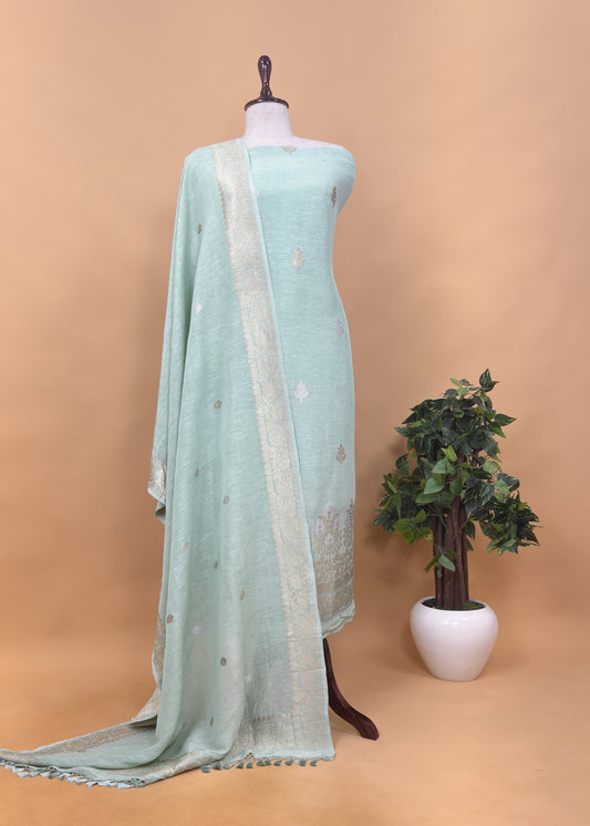 Green Handloom Blue Linen Silk With Kadwa Weaves