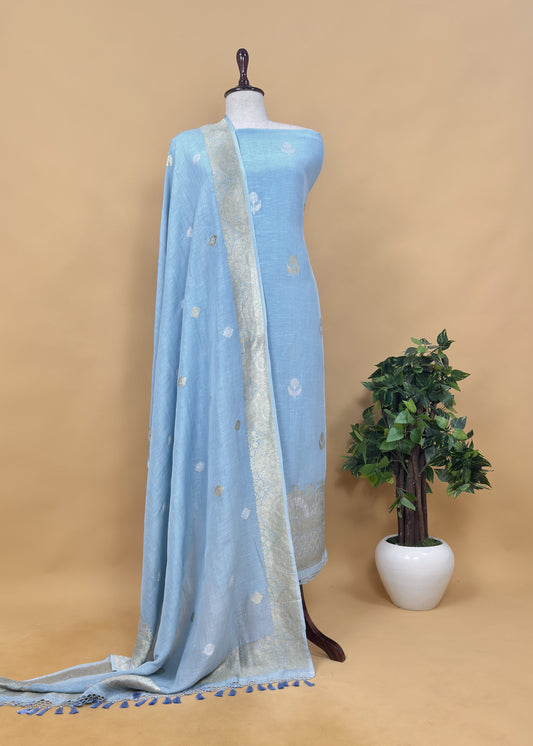 Handloom Blue Linen Silk With Kadwa Weaves