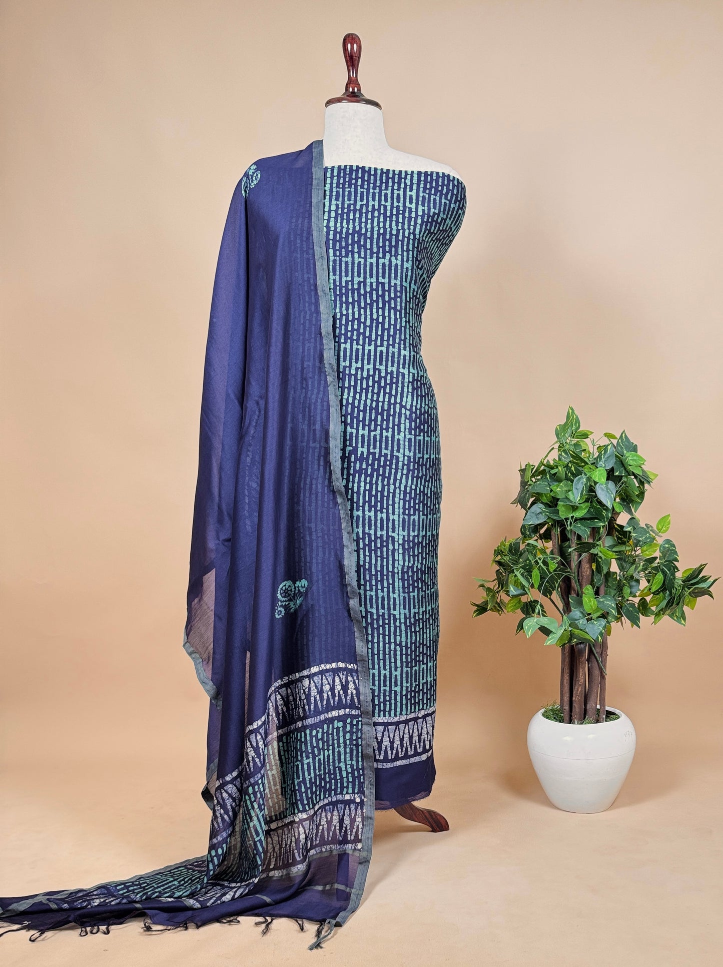 Blue Handloom Sotha Maheshwari Silk Suits Set With Block Print