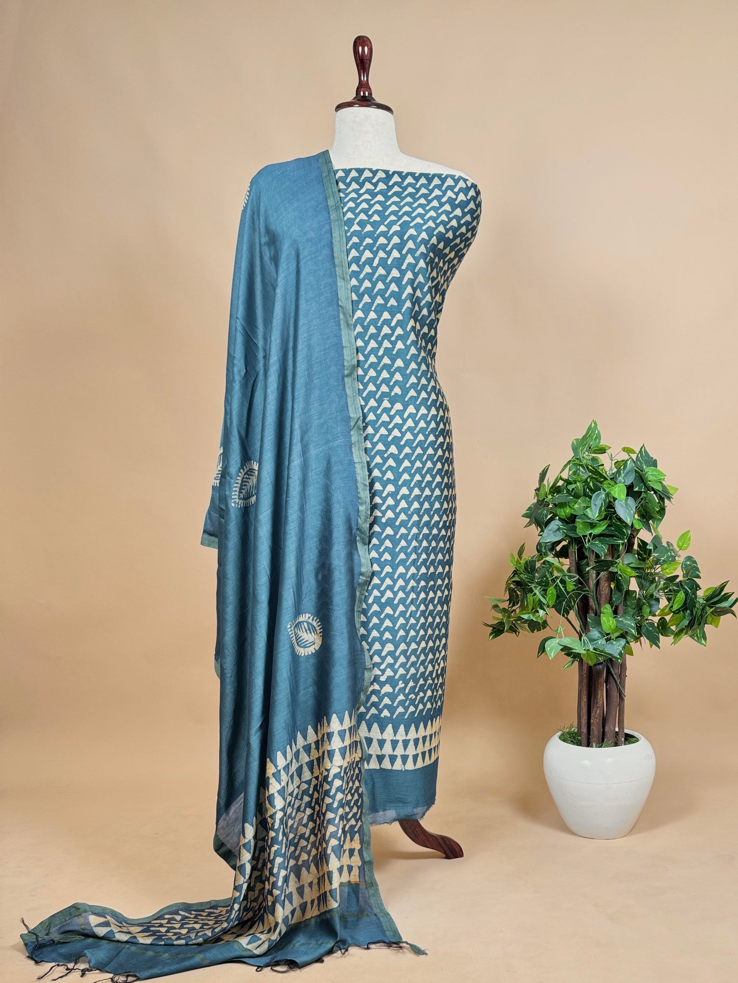 Handloom Sotha Maheshwari Silk Suits Set With Block Print