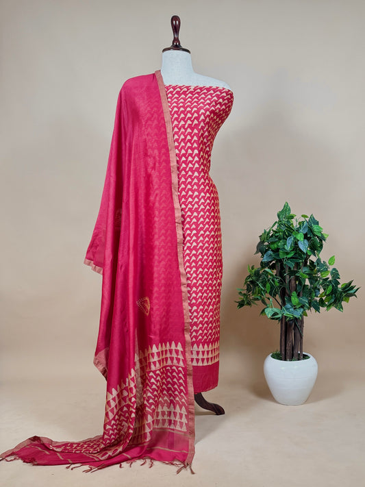 Pink Handloom Sotha Maheshwari Silk Suits Set With Block Print