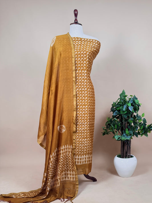 Yellow Handloom Sotha Maheshwari Silk Suits Set With Block Print