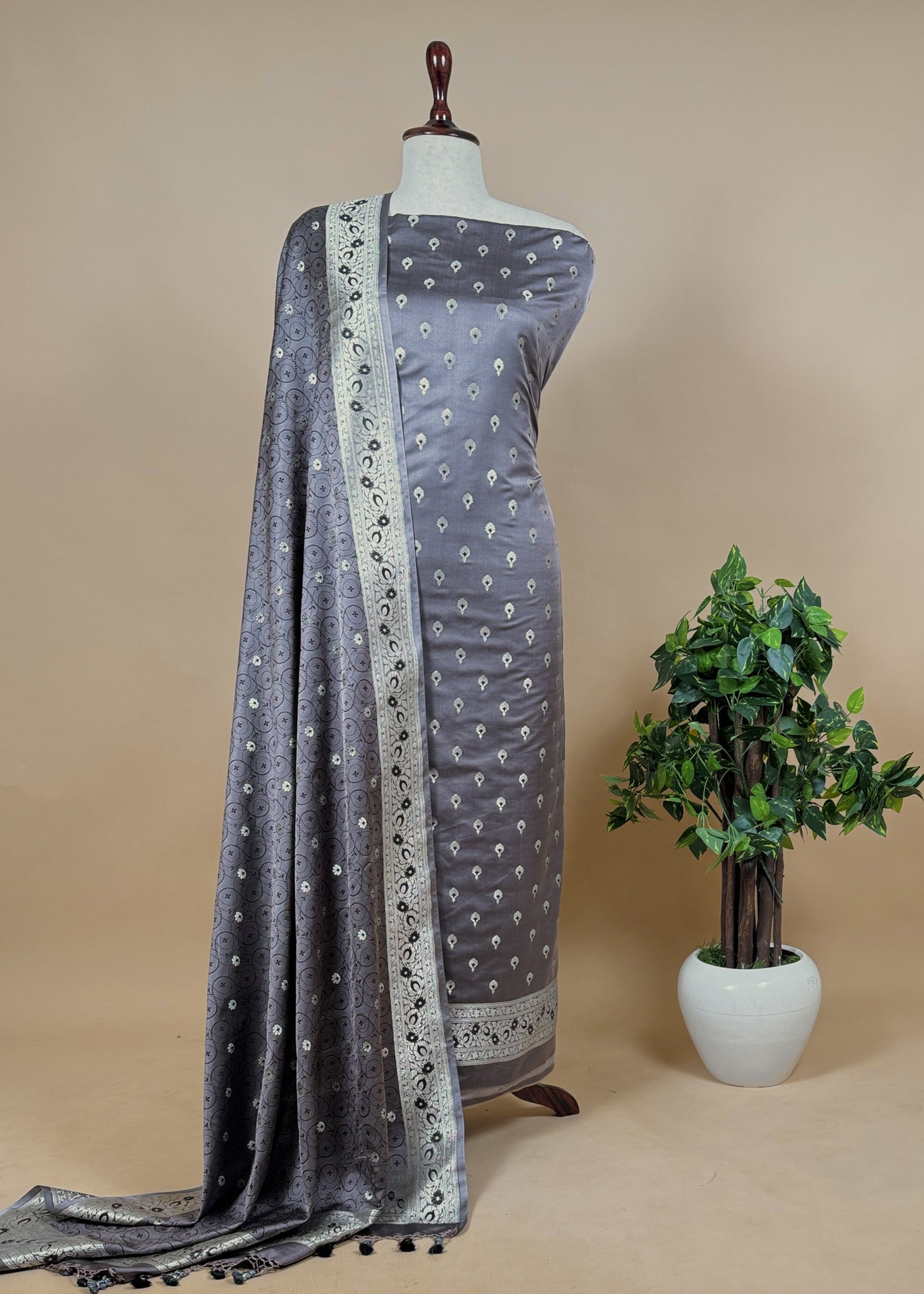 Handwoven Mashru Satin Silk Unstitched Dupatta-suit with Tanchoi Weaving