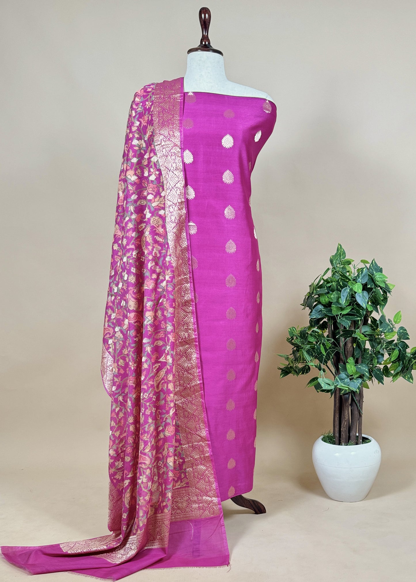 Purple Blue Banarasi Suit With Kalamkari Dupatta