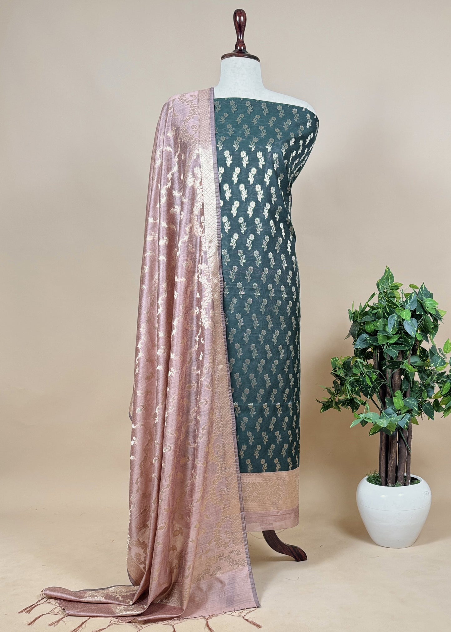 Contrast Dark Green and Pink Banarasi Silk Unstitched Dupatta Suit