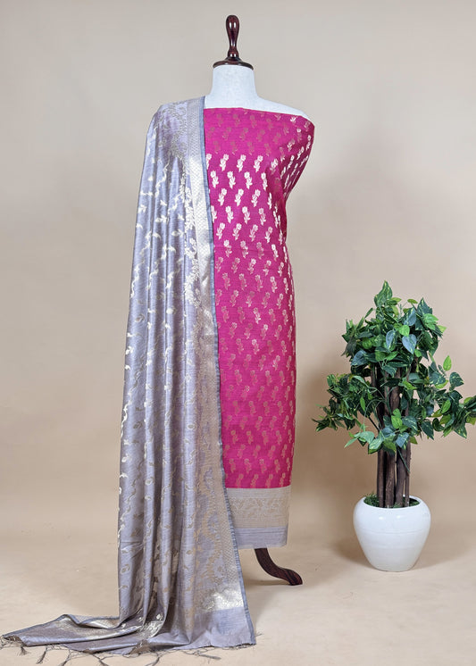 Contrast Rani Pink and Grey Banarasi Silk Unstitched Dupatta Suit