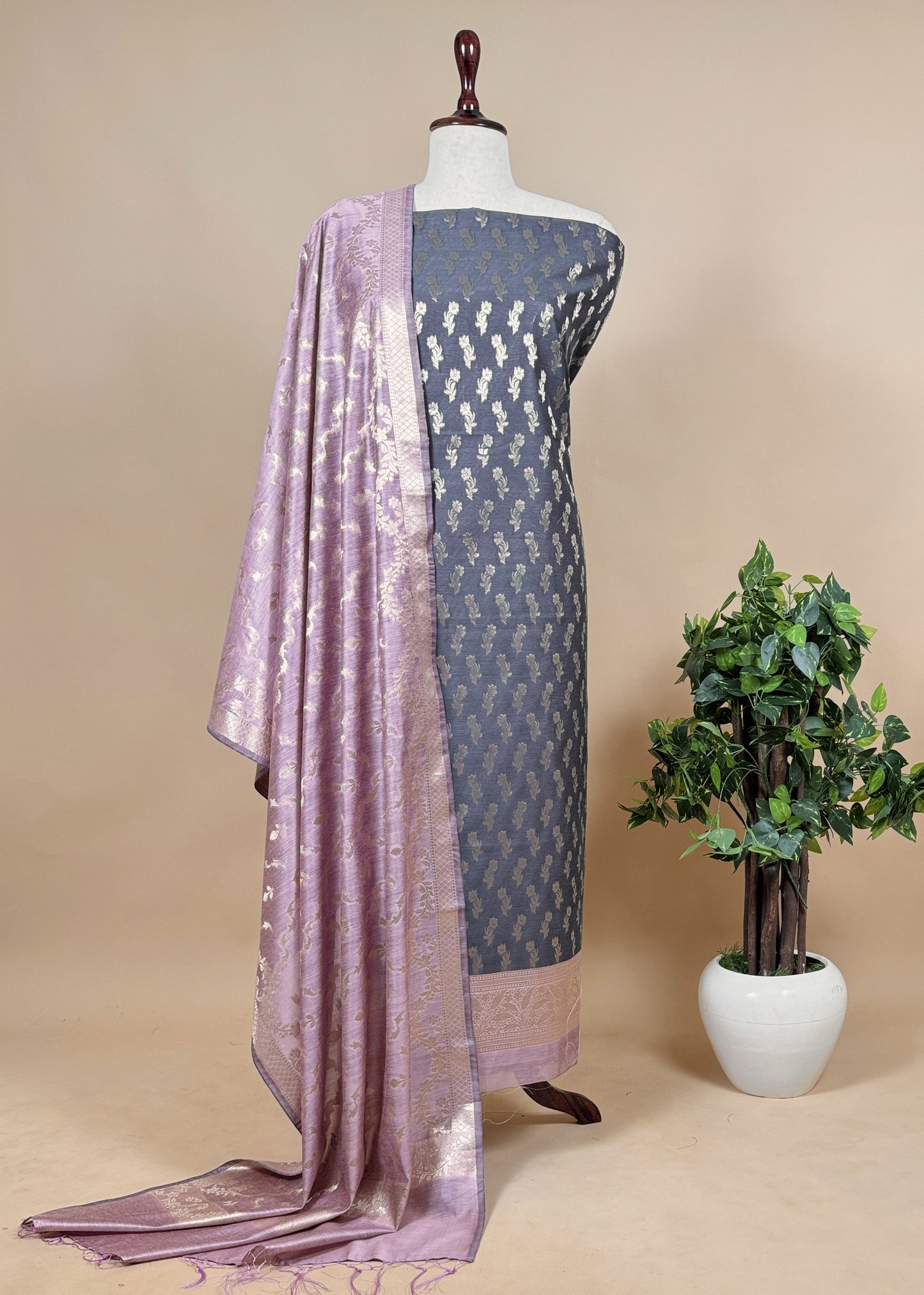 Contrast Dark Green and Pink Banarasi Silk Unstitched Dupatta Suit