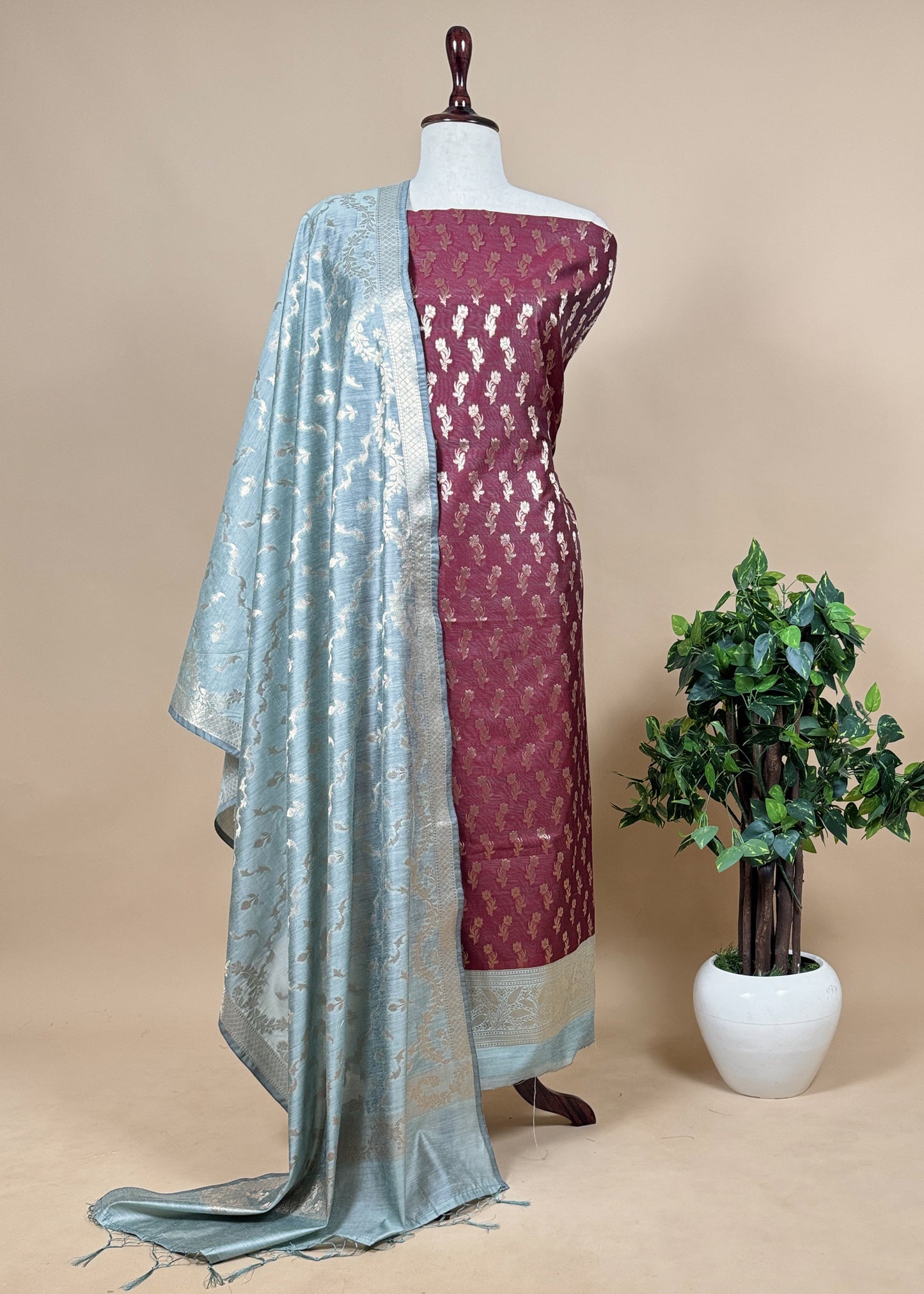 Contrast Dark Green and Pink Banarasi Silk Unstitched Dupatta Suit