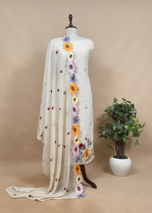 Off-White Embroidered Cotton Suit And Organza Dupatta With Patchwork