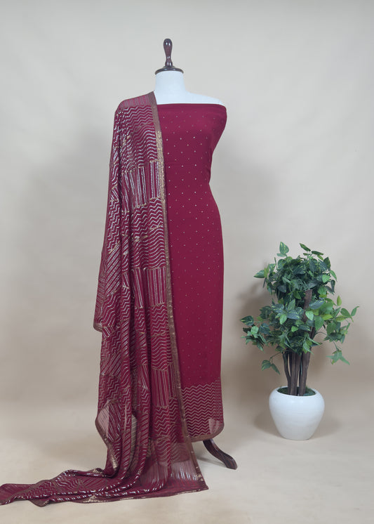 Classy Red Sequin Pure Georgette Unstitched Suit