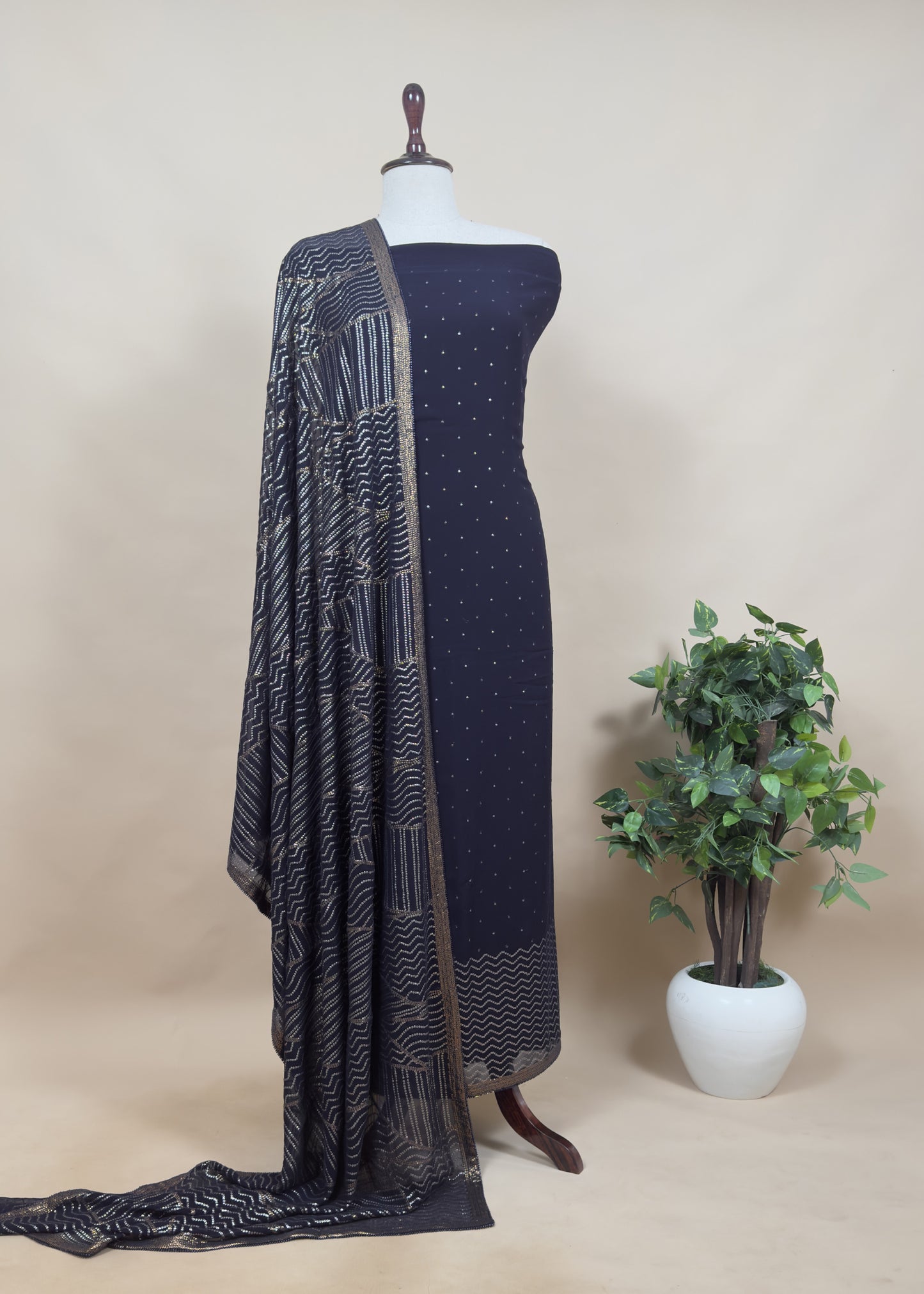 Classy Midnight Blue Sequin Pure Georgette Unstitched Suit