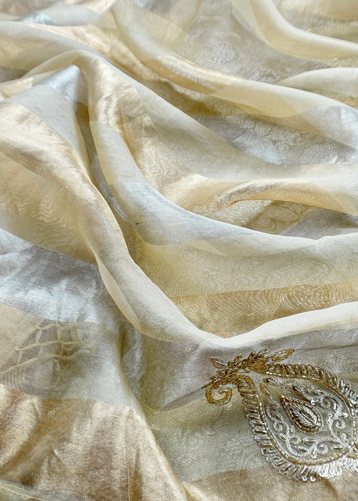 Beige yellow Handloom Brocade Tissue Silk Suit With Dabka, Dori, Zardosi Handwork