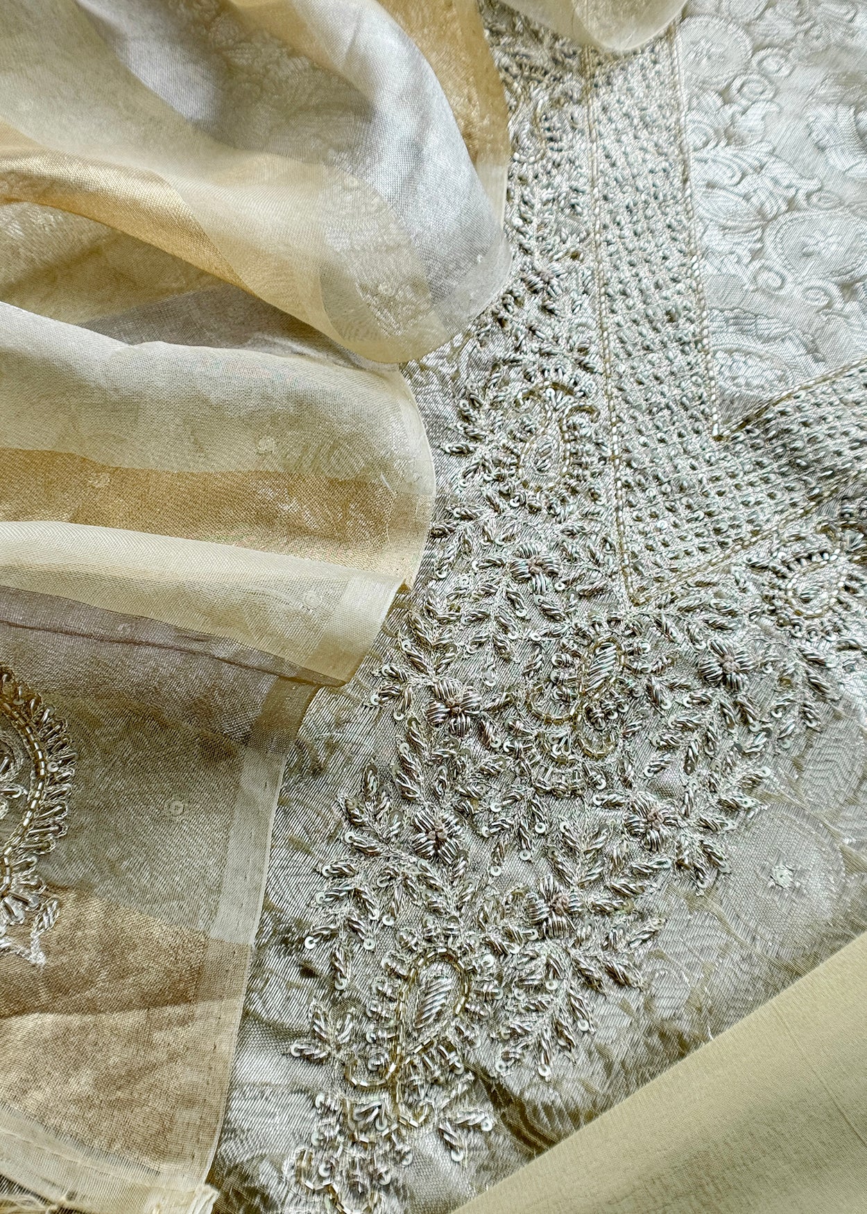 Beige yellow Handloom Brocade Tissue Silk Suit With Dabka, Dori, Zardosi Handwork