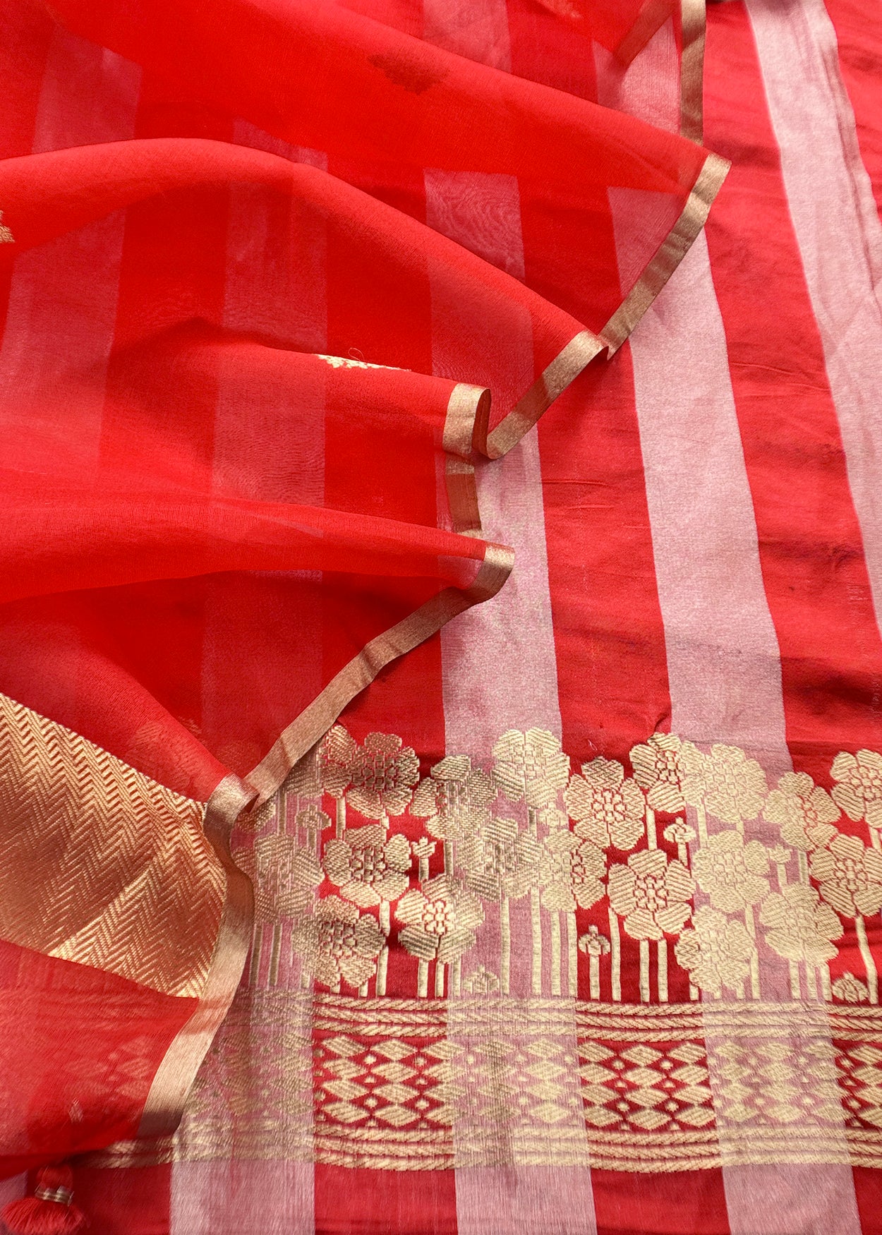 Red Gold Zari Woven Handloom Silk Suit Fabric