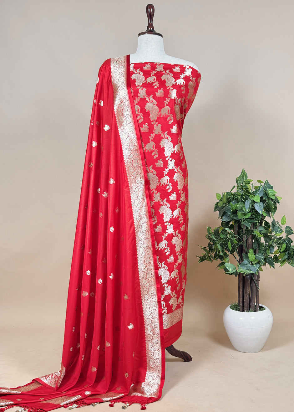 Red Handloom PhoolPatti Weaving Suit In Katan Silk