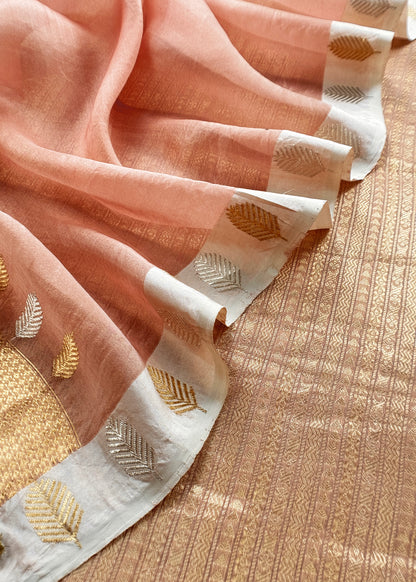 Golden With Peach Tissue Brocade With Kora Silk Dupatta