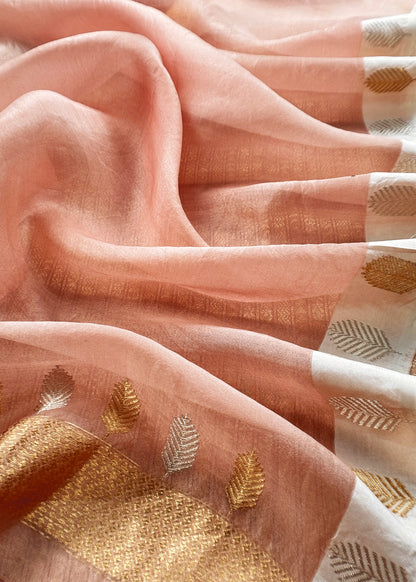 Golden With Peach Tissue Brocade With Kora Silk Dupatta