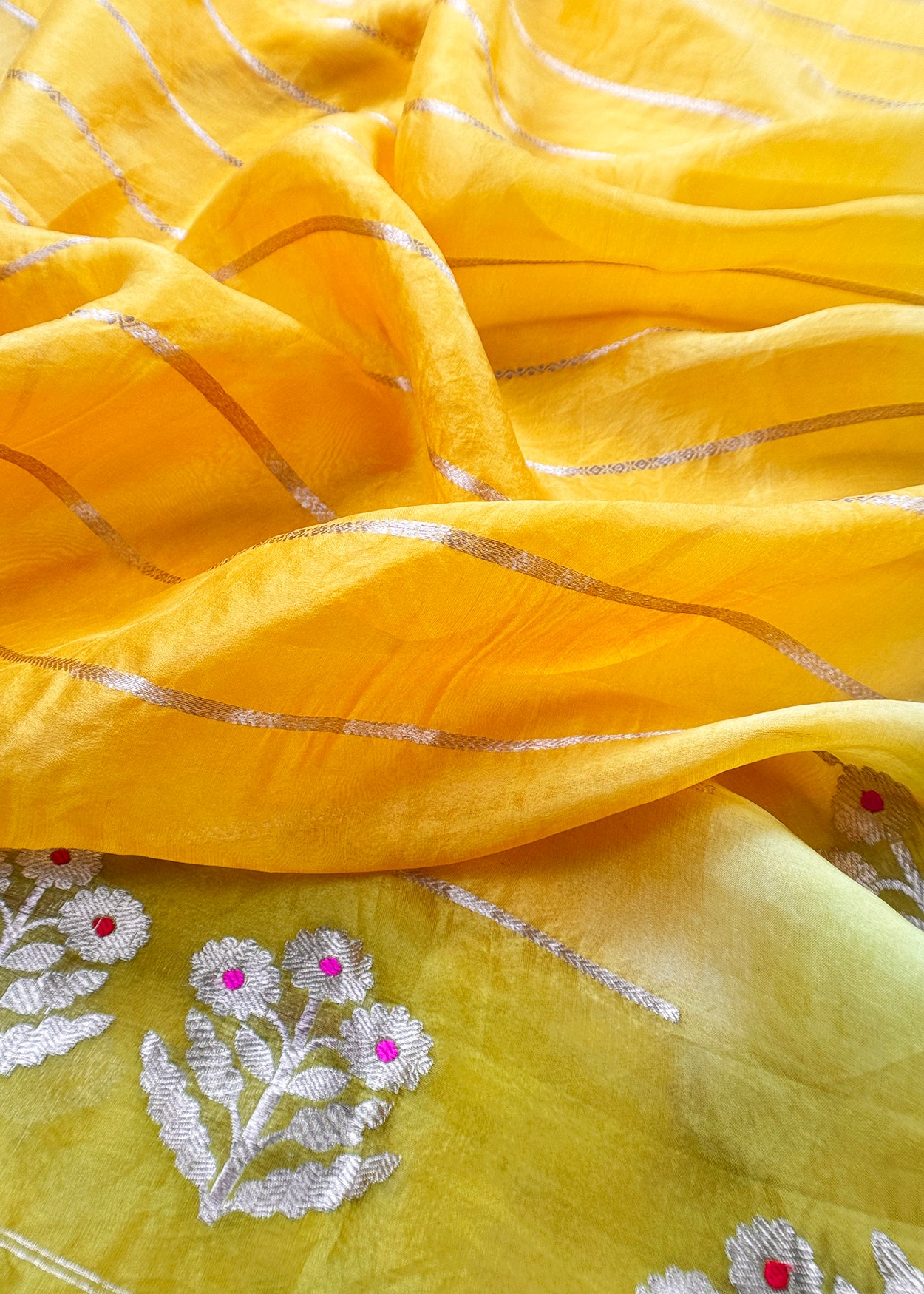 Marigold Yellow Handloom Silk Kurta And Kora Silk Dupatta With Meenakari Weaving