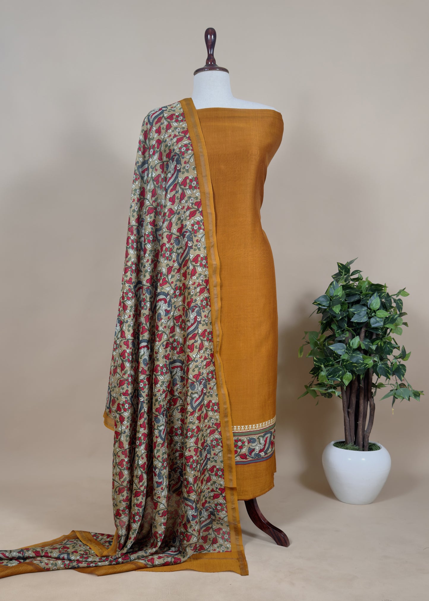 Red Handloom Maheshwari Silk Unstitched Suit with Kalamkari Dupatta