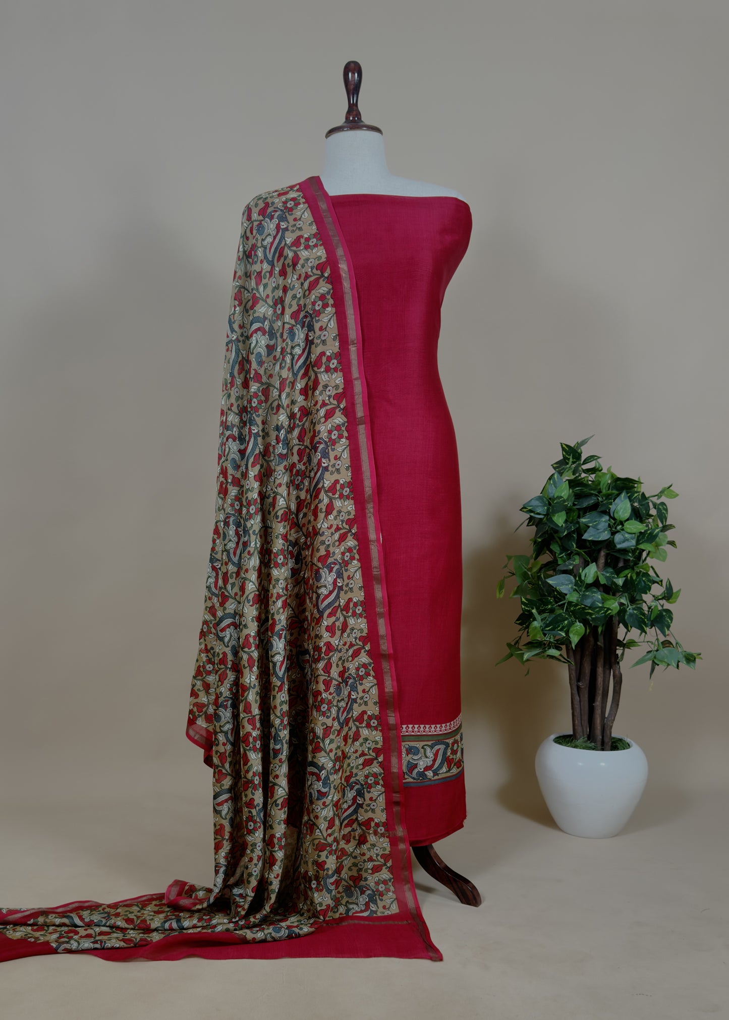 Wine Handloom Maheshwari Silk Unstitched Suit With Kalamkari Dupatta